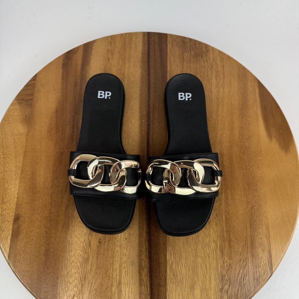 New Womens BP Serrafina Black Faux Leather Gold Chain Slip On Slide Sandals Sz 6